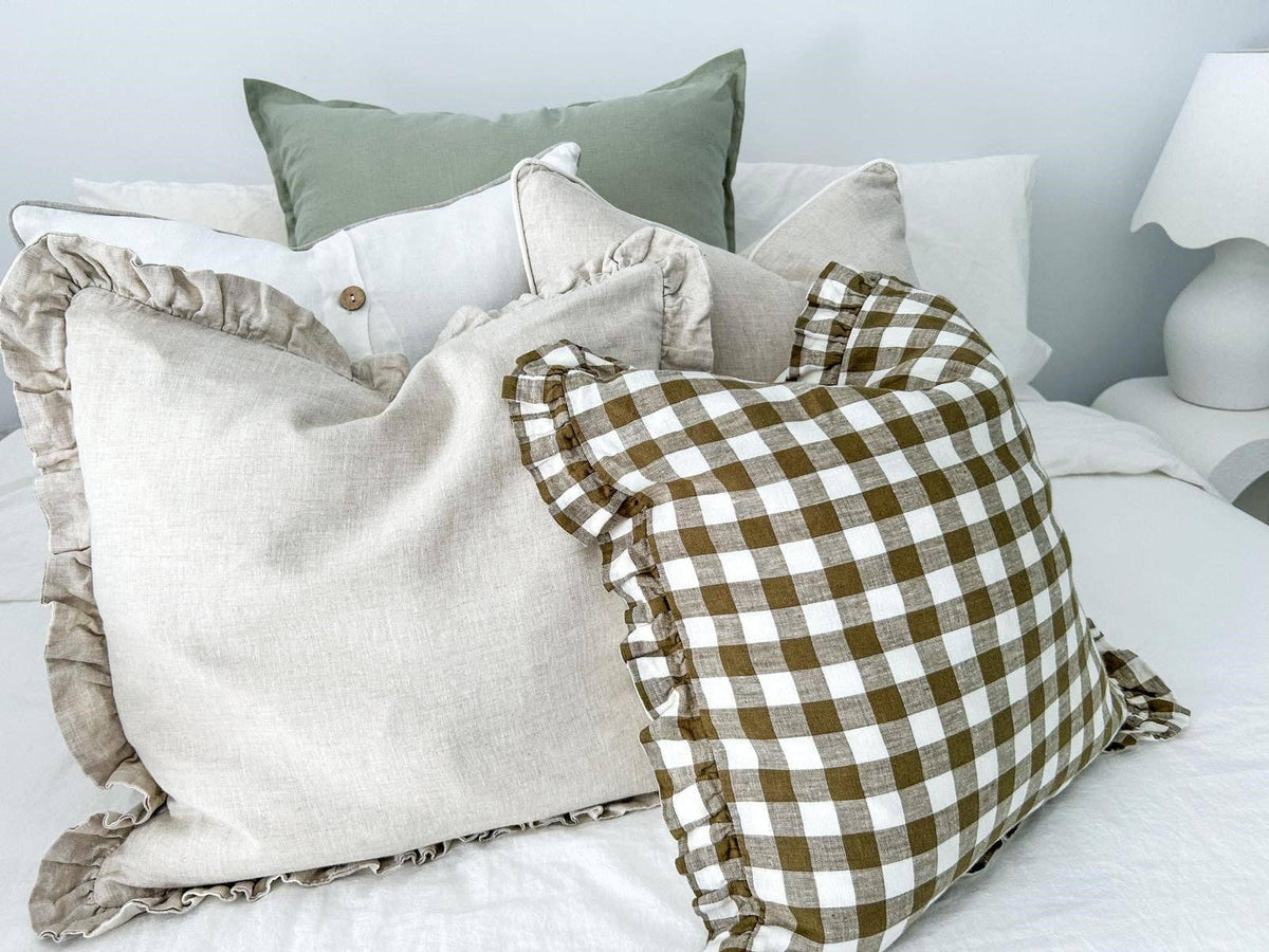 Reversible Linen Ruffle Cushion - Olive Gingham - Warm White