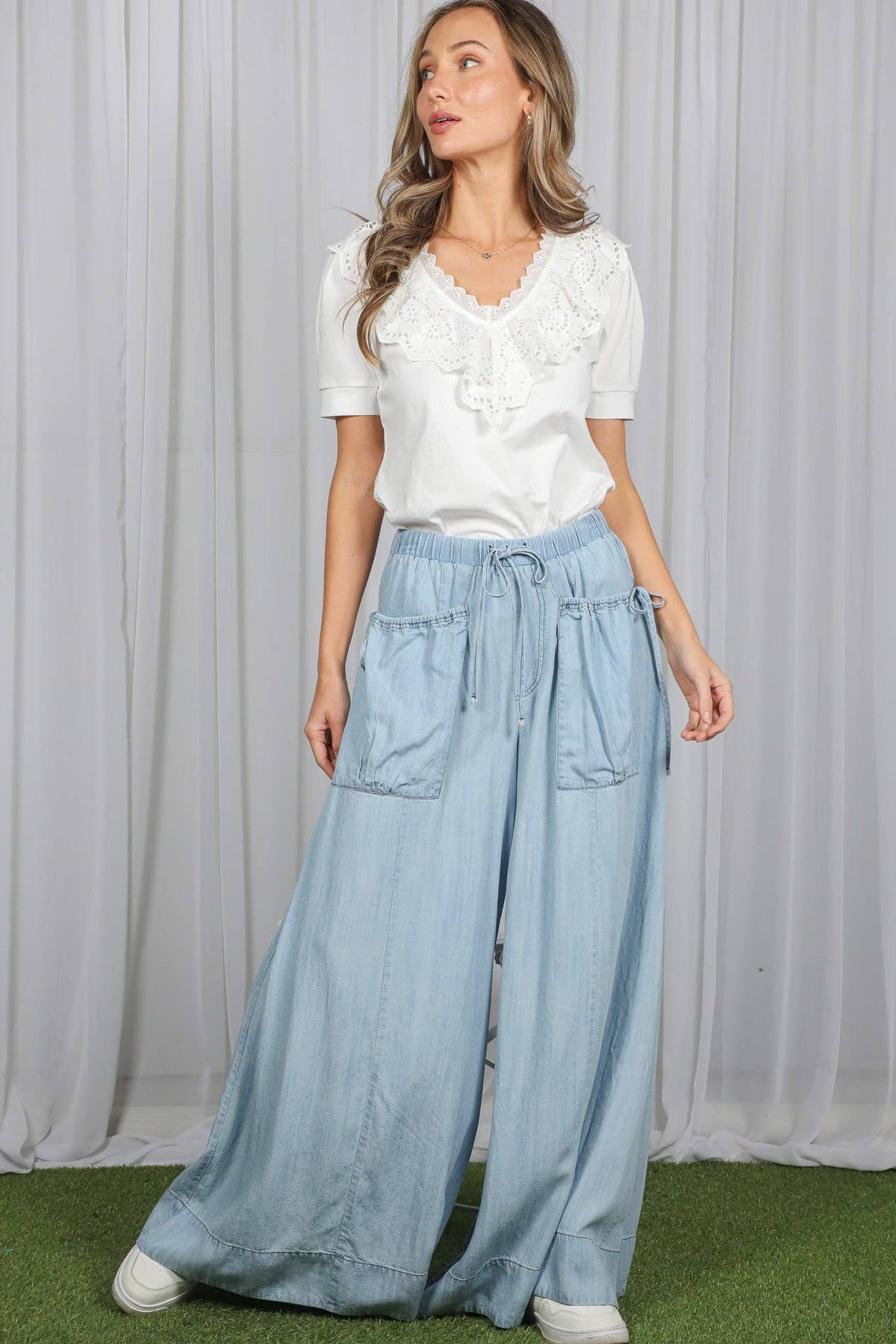 Scallop Edge Eyelet Lace Accent 100%Cotton Blouse