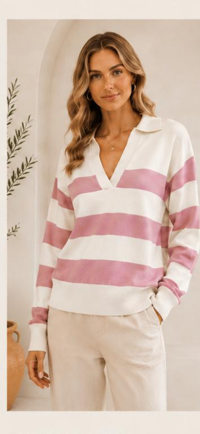 Molly Knit Jumper - Pink/ White Stripe