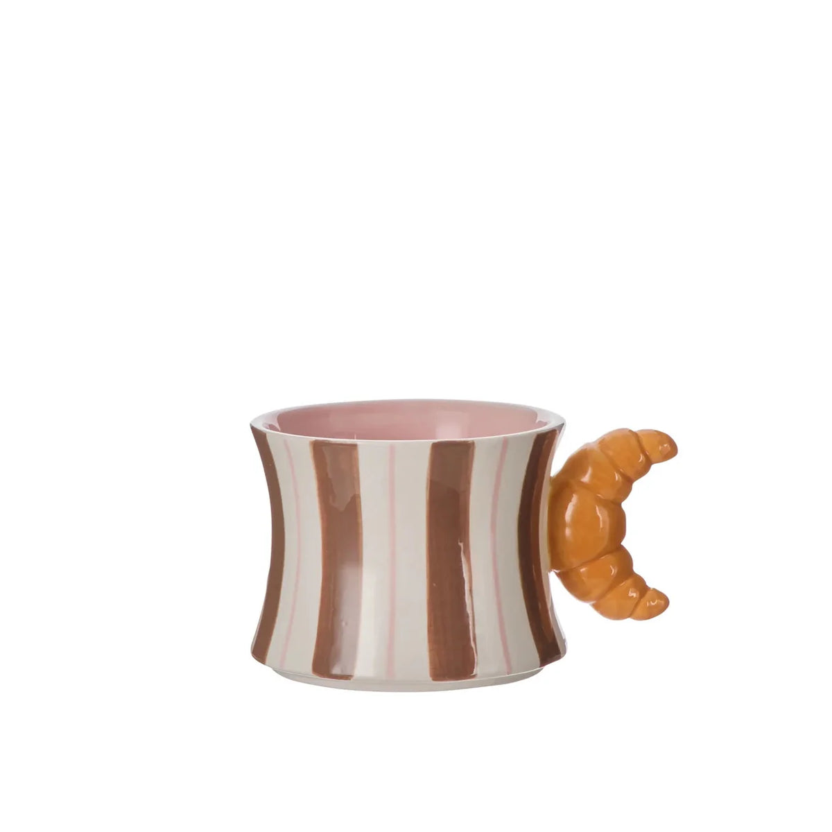 Striped mug with croissant shaped handle pink interior ceramic mug