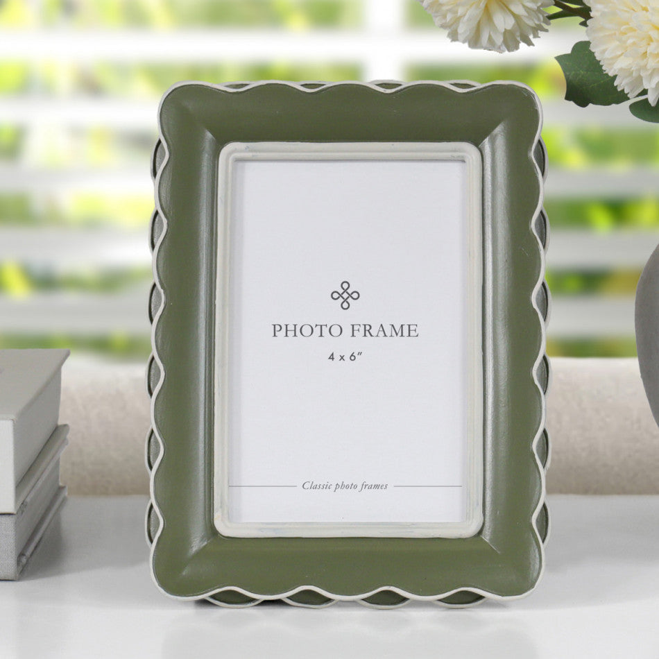 Double Scallop Photo Frame in Olive Green with white trim