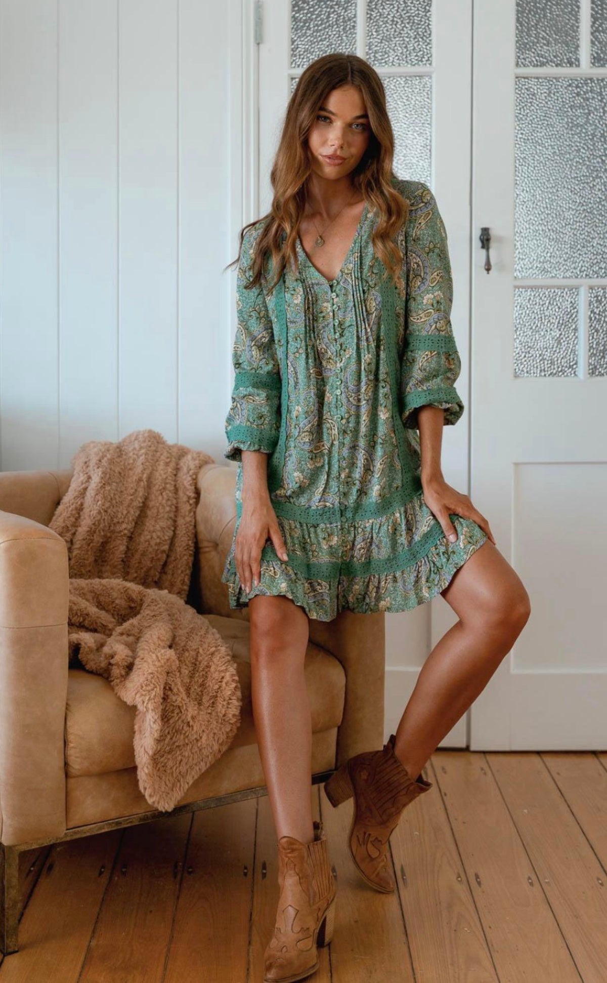 Sagewood Print Abio Jaase Mini Dress