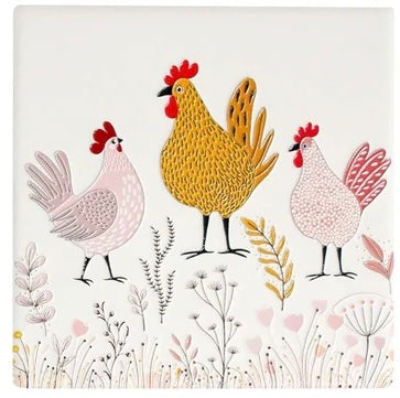 Farmhouse-inspired ceramic kitchen trivet featuring chooks