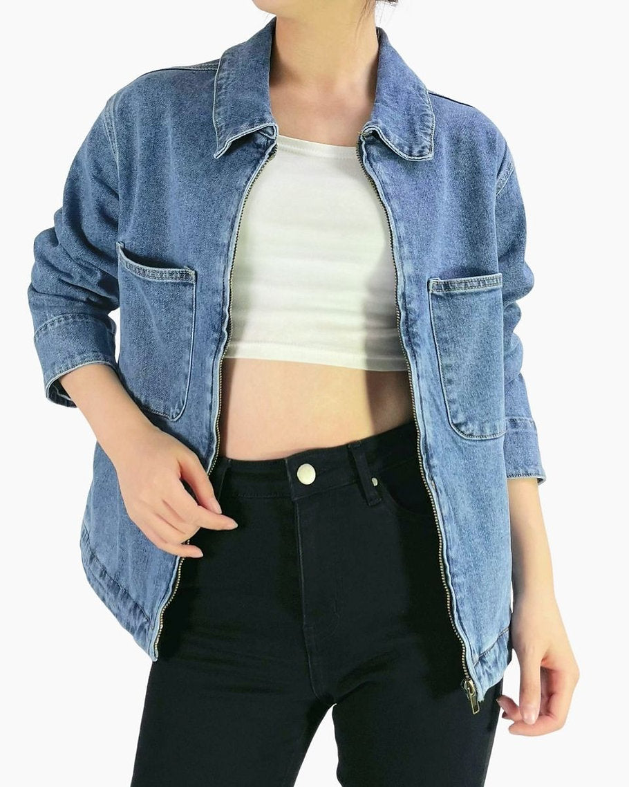 Mid blue denim top with front zip fitted women’s style