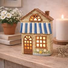Blue & White Awning Ceramic Tealight Candle Holder