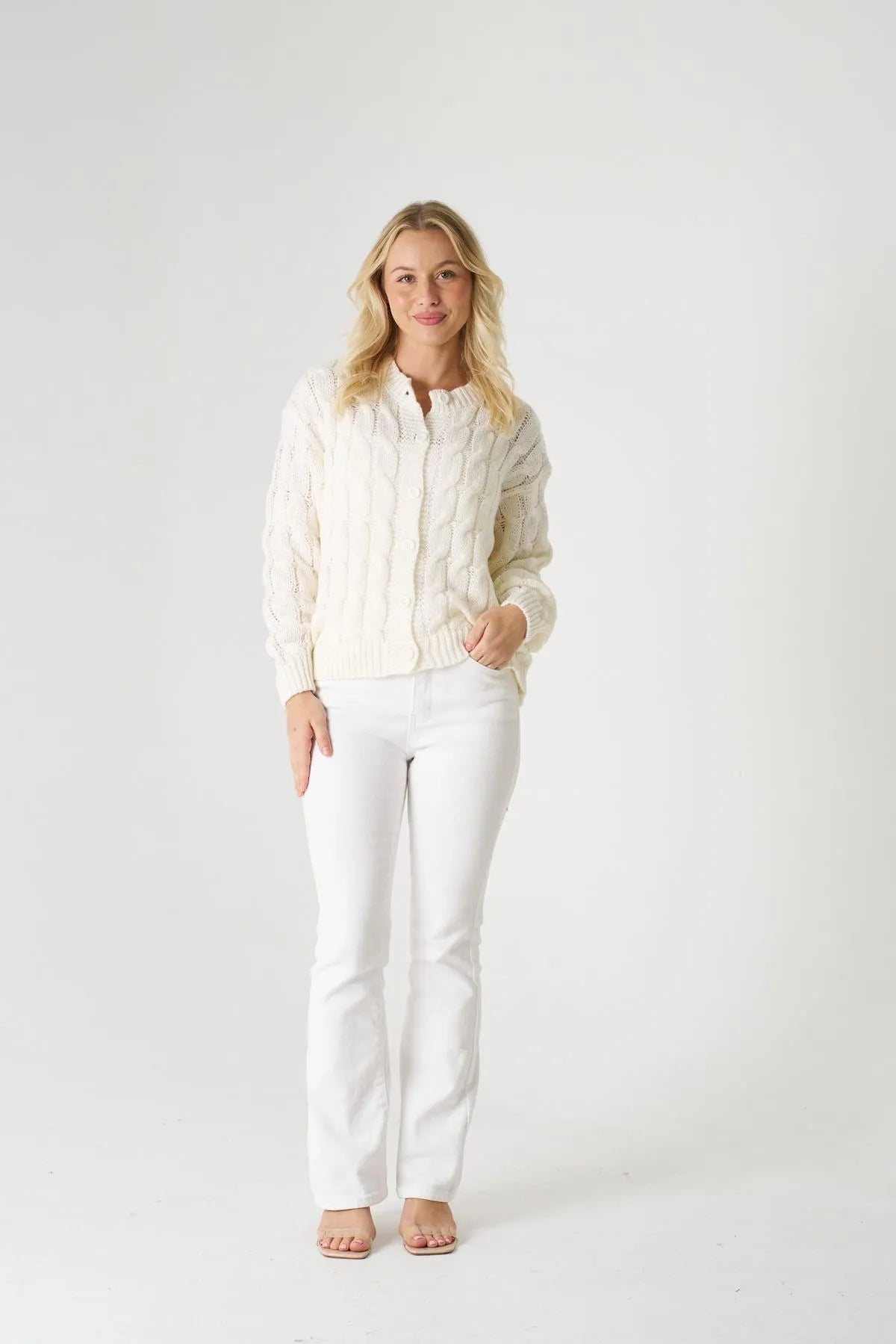 White cardigan women soft knit layering piece outfit