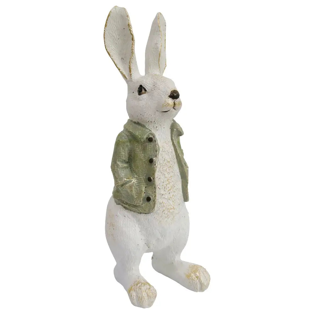 Whimsical bunny figurine wearing a green vest