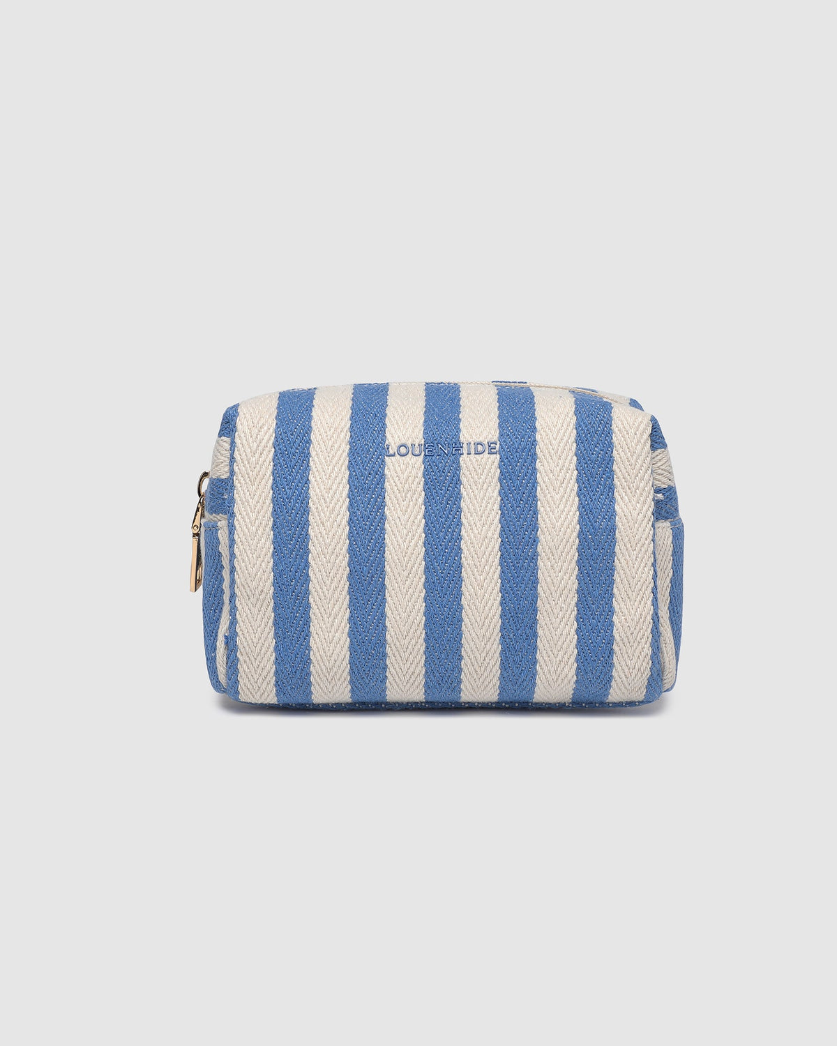 Blue striped canvas makeup pouch with zip closure