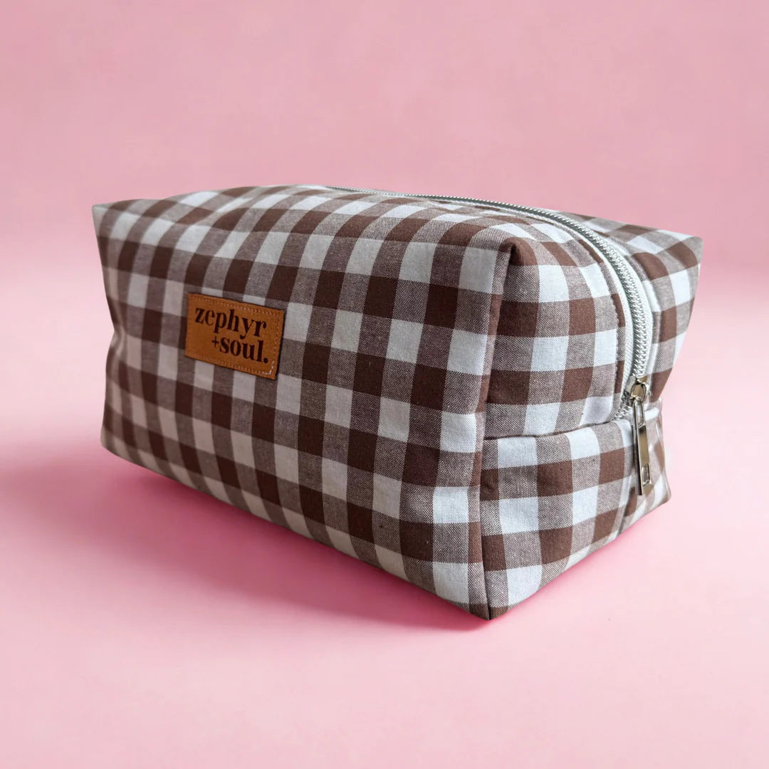 Brown gingham cosmetic bag structured travel organiser zipper closure