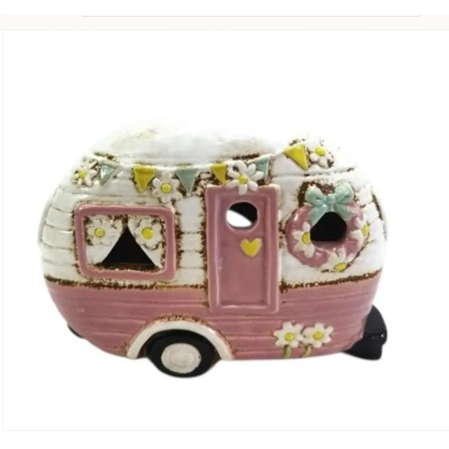 Caravan shaped tealight candle holder pink decorative ornament