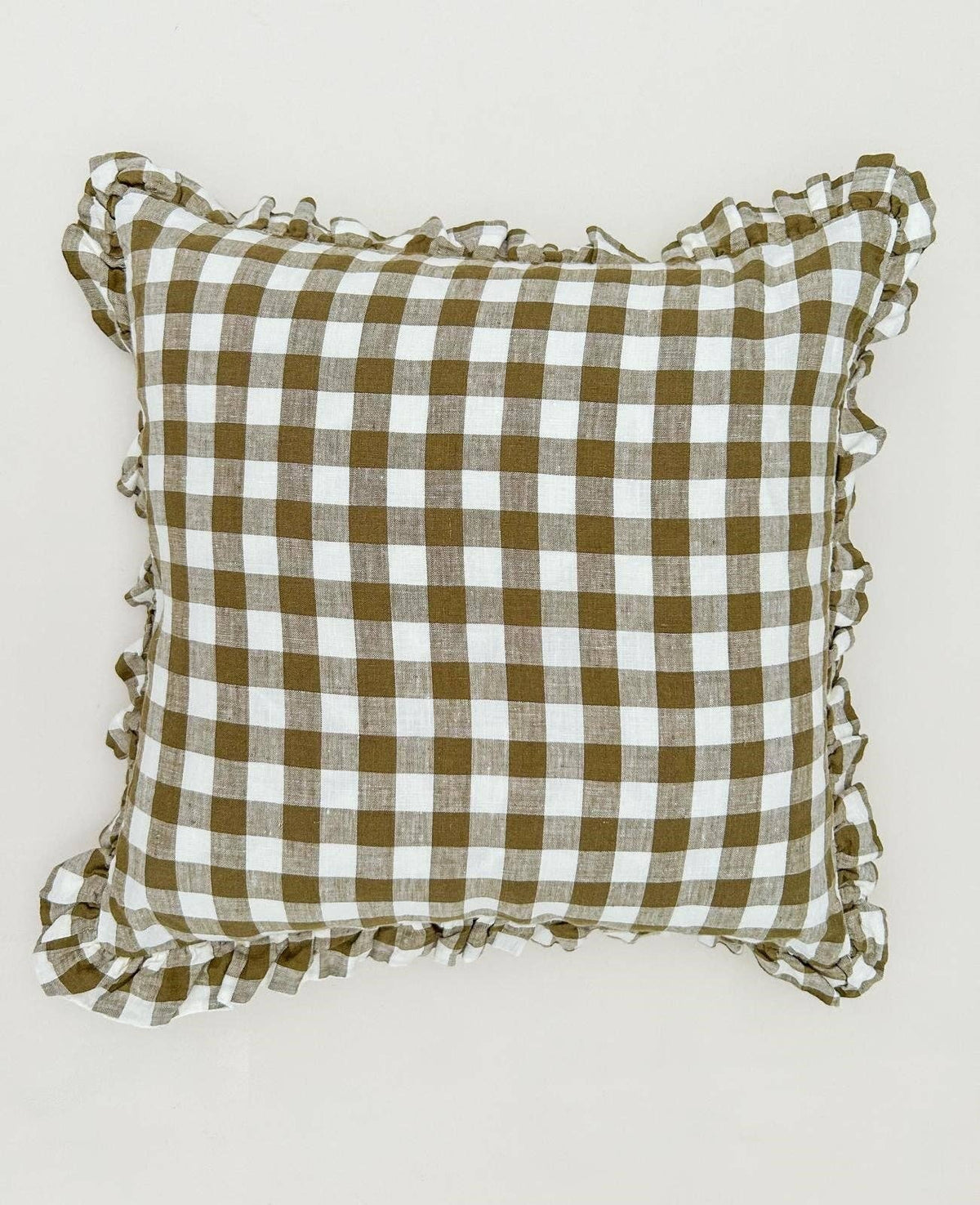 Reversible Linen Ruffle Cushion - Olive Gingham - Warm White