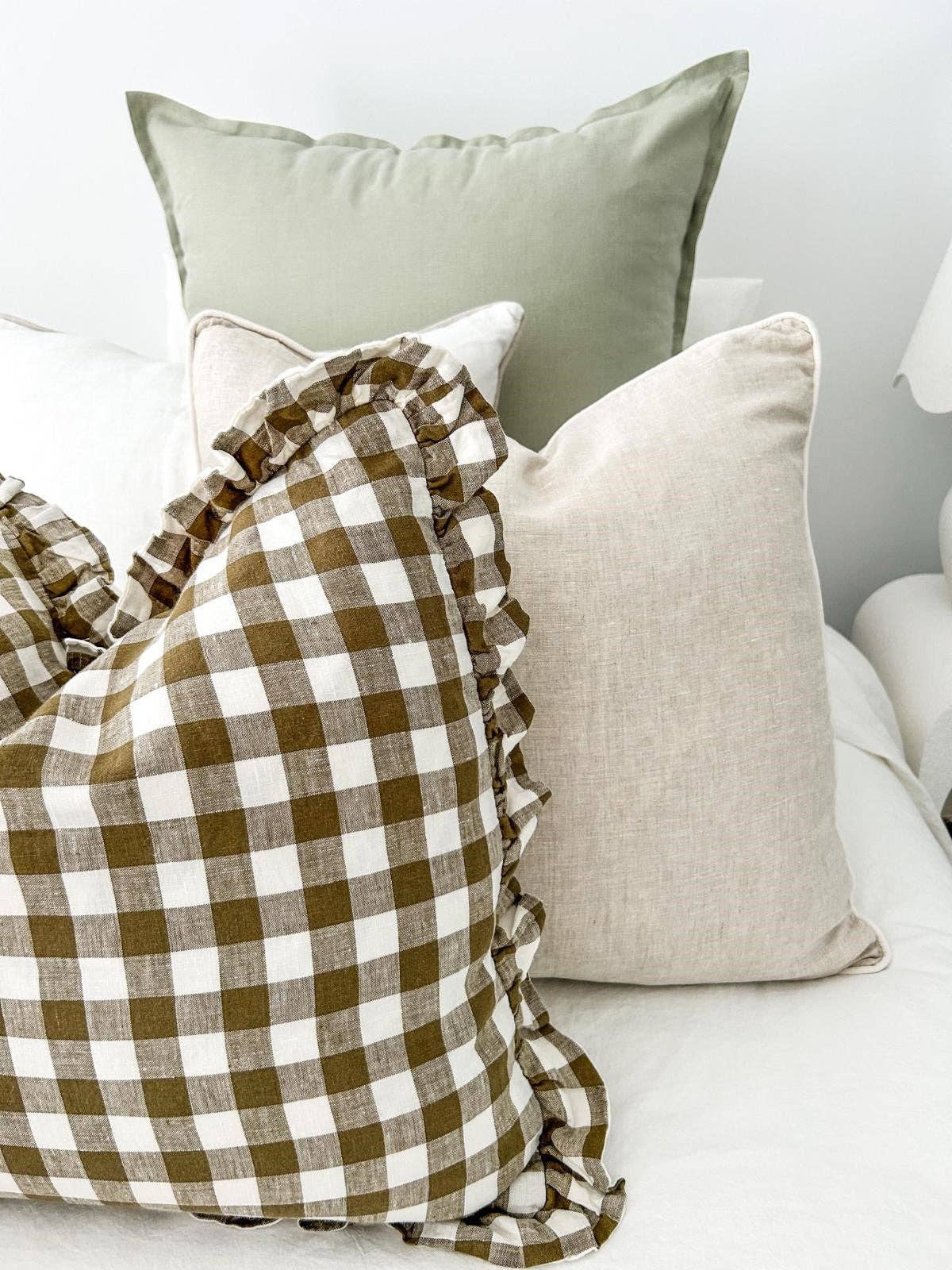 Reversible Linen Ruffle Cushion - Olive Gingham - Warm White