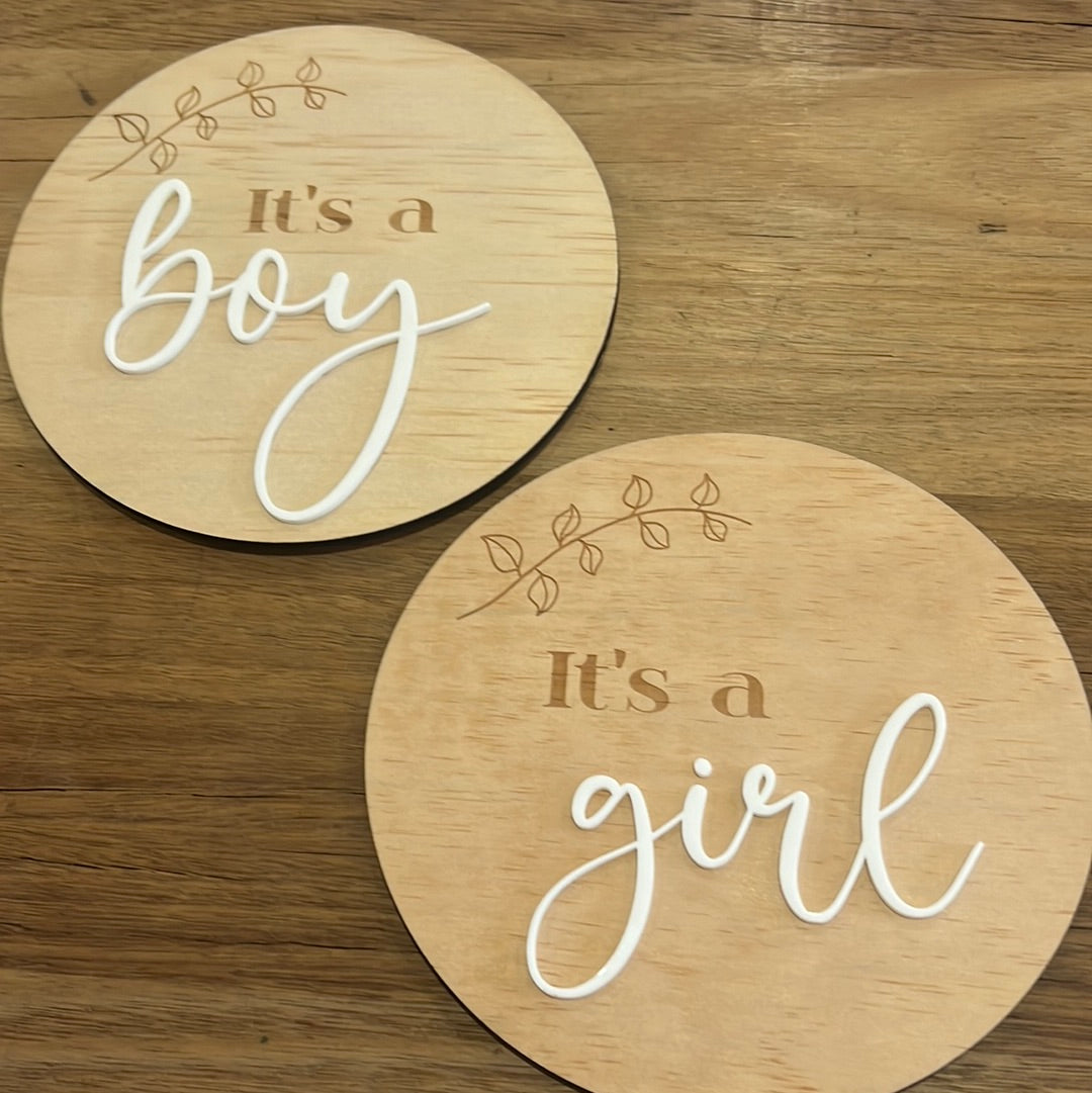 Gender reveal timber plaque boy girl wooden sign round disc
