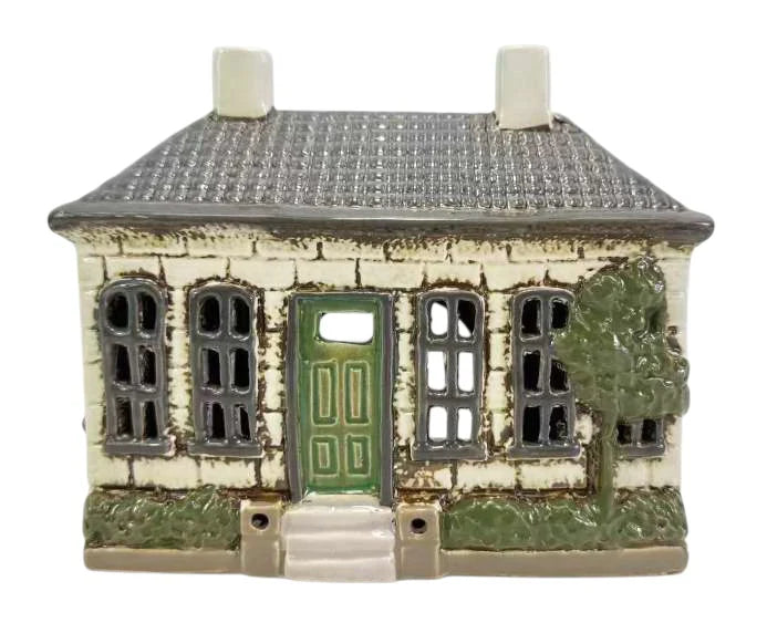 Green cottage tealight holder ceramic house candle glowing windows