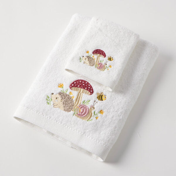 Mushroom Meadow bath towel and face washer baby gift set