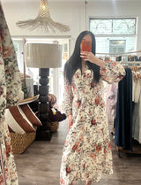 Autumn Bloom Floral Tie Waist Midi Dress