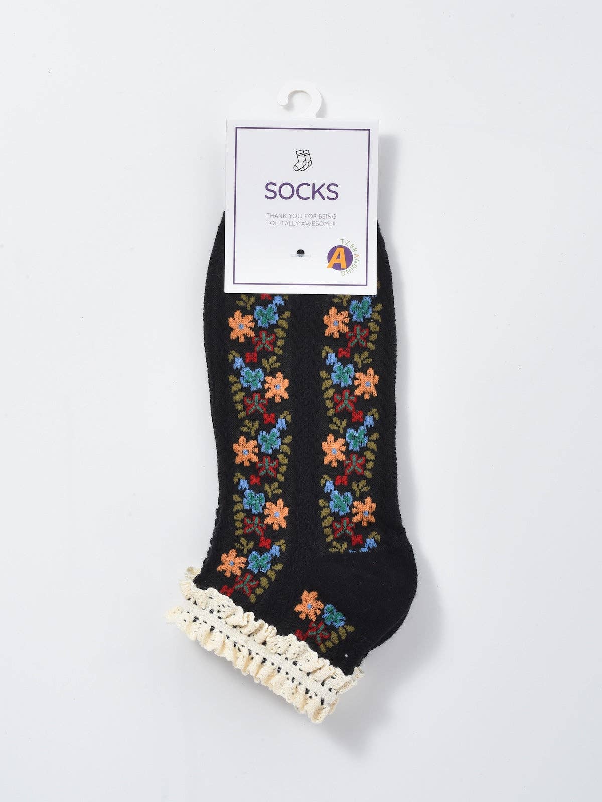 Rufia - Vintage Rolled Edge Floral Ankle Socks: BLACK / One Size