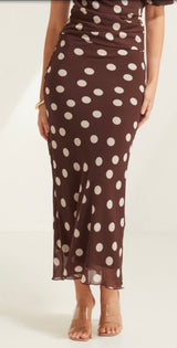 brown polka dot midi skirt with white spots and elastic waistband womens skirt