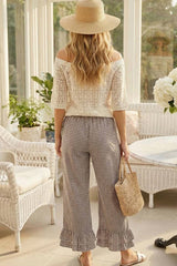 Gingham Casual Ruffled Hem 100%Cotton Cropped Pants