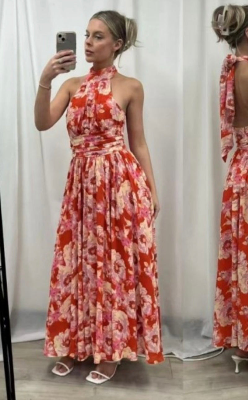 Rose Floral Halter Neck Dress