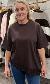 Brown Asymmetrical Lace Hem Tee By Frankie