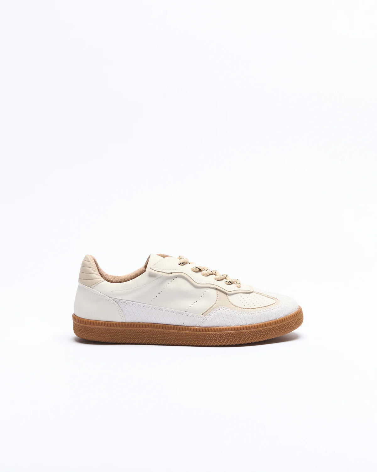 white snake sneaker side view with textured panel and two tone laces