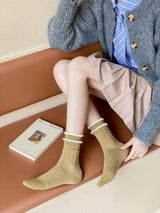Ruffle Trim Textured Knit Socks: Green