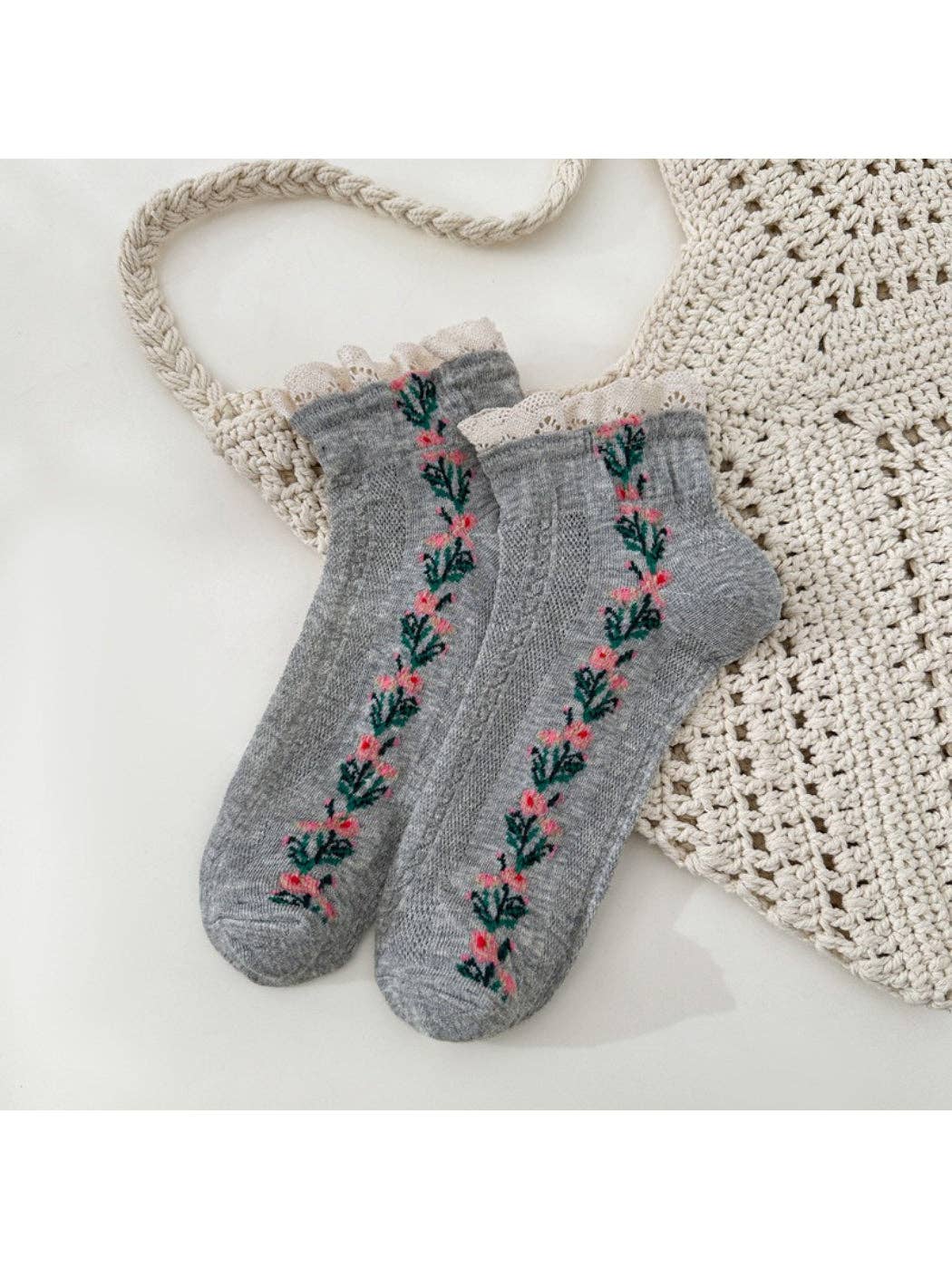 Rufia - Stripe Floral Crew Socks: Grey