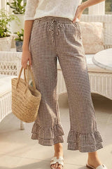 Gingham Casual Ruffled Hem 100%Cotton Cropped Pants