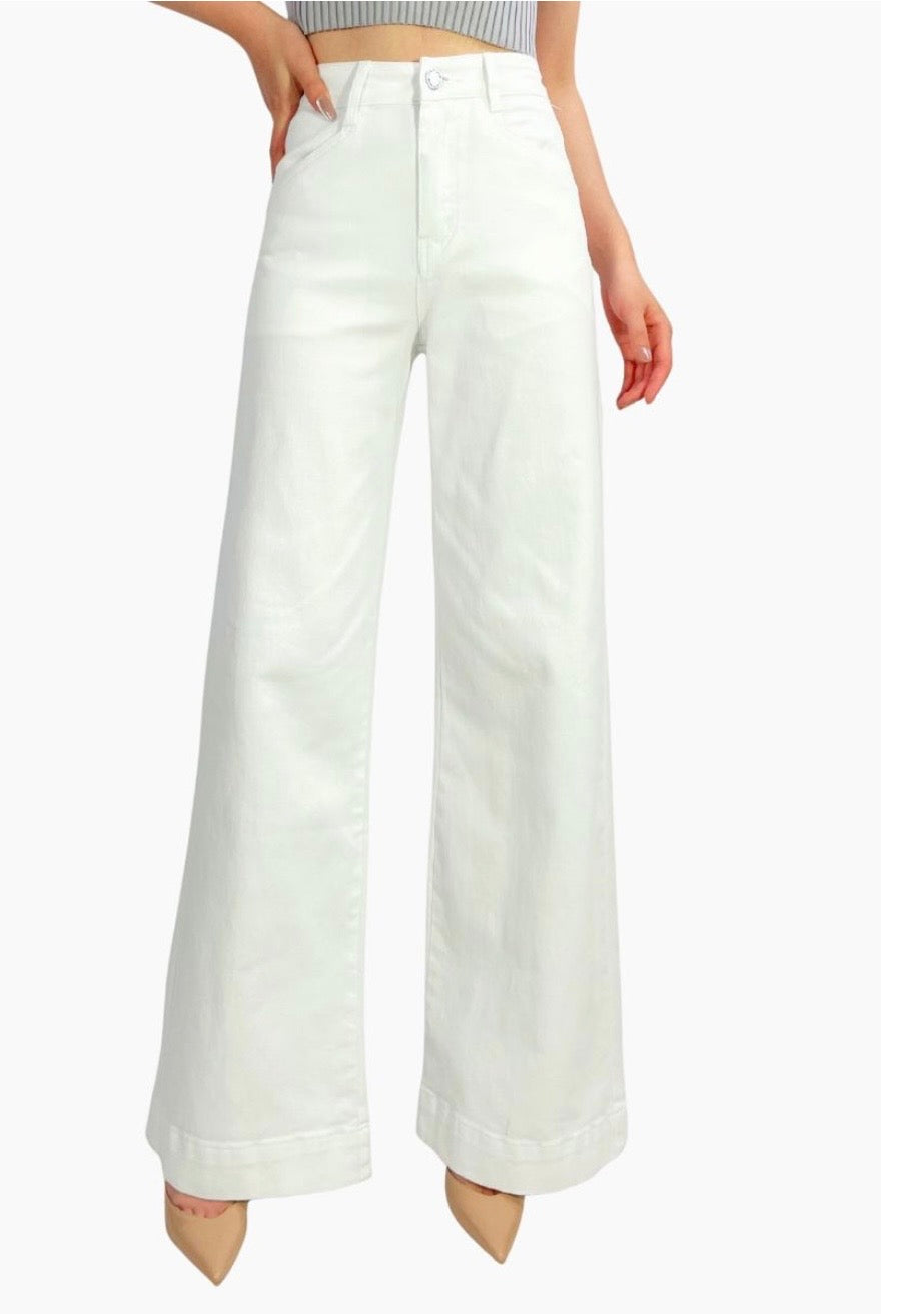 White Stretch Wide Leg Jeans