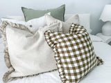 Reversible Linen Ruffle Cushion  - Olive Gingham - Warm White