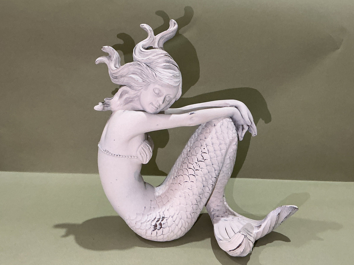Trident Resin White Washed Mermaid Sitting Sideways