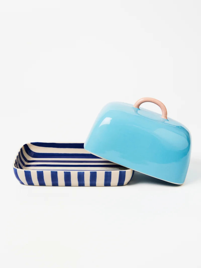 Bloomie Blue Butter Dish with pink handle and blue stripes