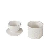 Stoneware butter keeper styled on kitchen bench countertop