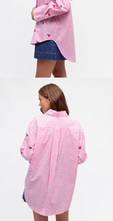 Stripe Pink Shirt with cherry embroidered