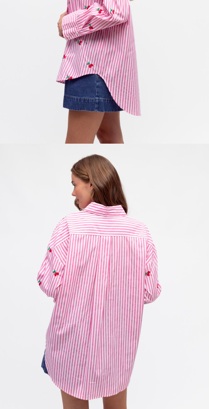 Stripe Pink Shirt with cherry embroidered