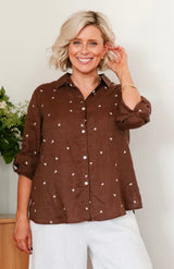 Heart Embroidered Chocolate Linen Shirt