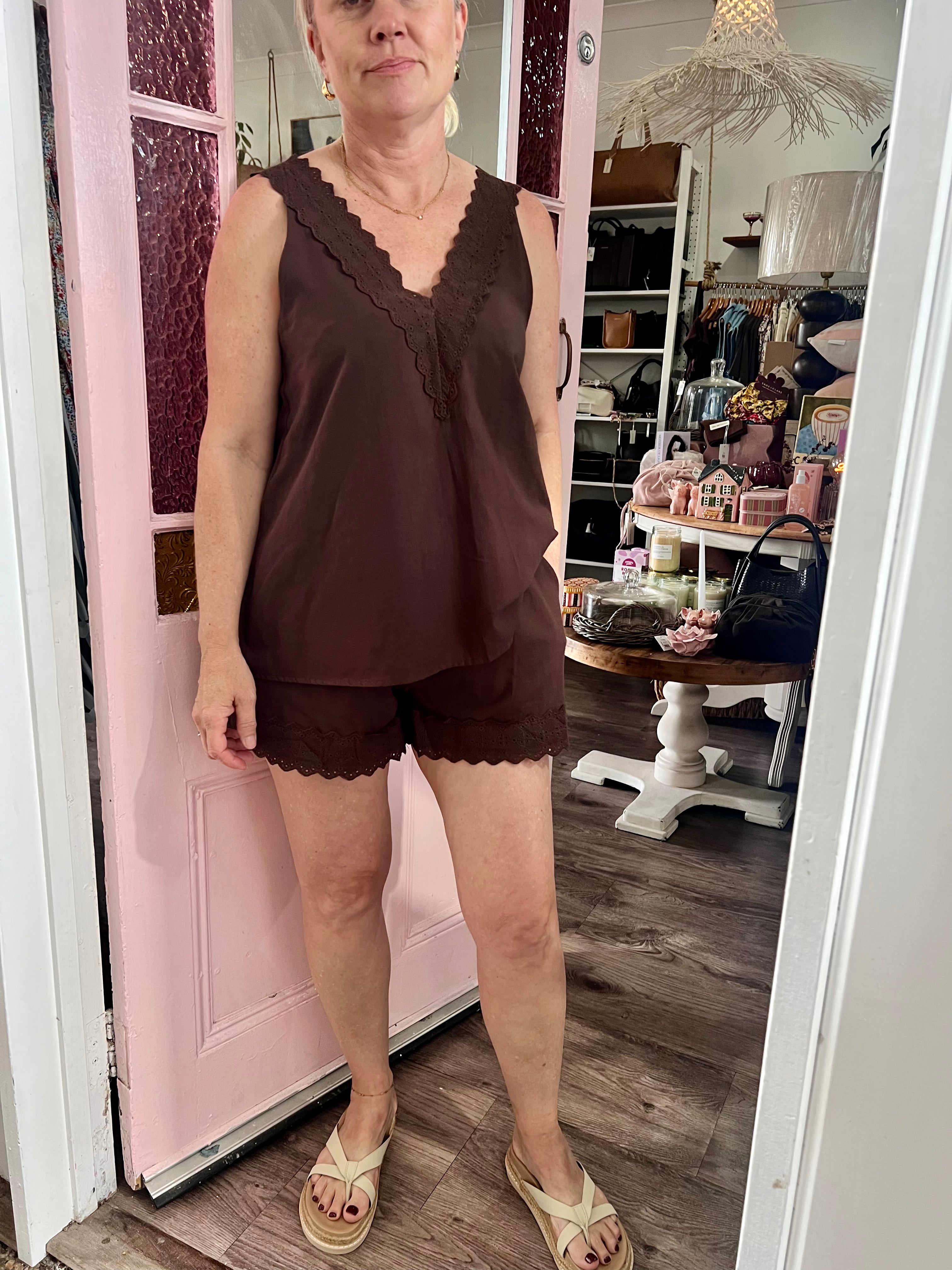 V neck Lace Trim Short Set By Frankie