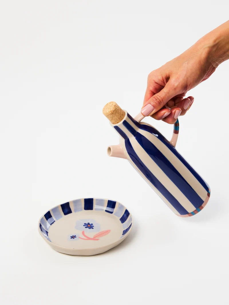 Bloomie Blue Oil Pourer | Striped Earthenware Oil Bottle