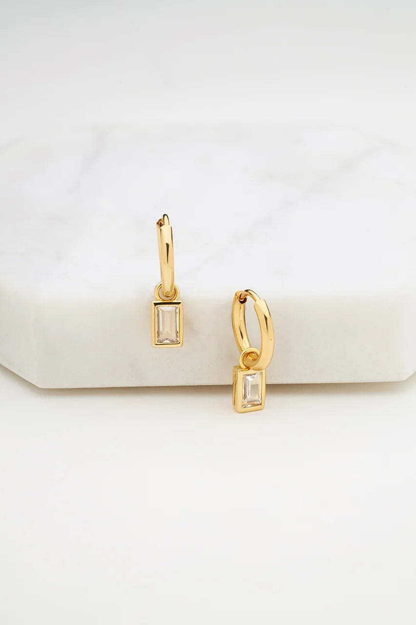 Harlow Earrings – Gold | Baguette Crystal Huggie Hoops