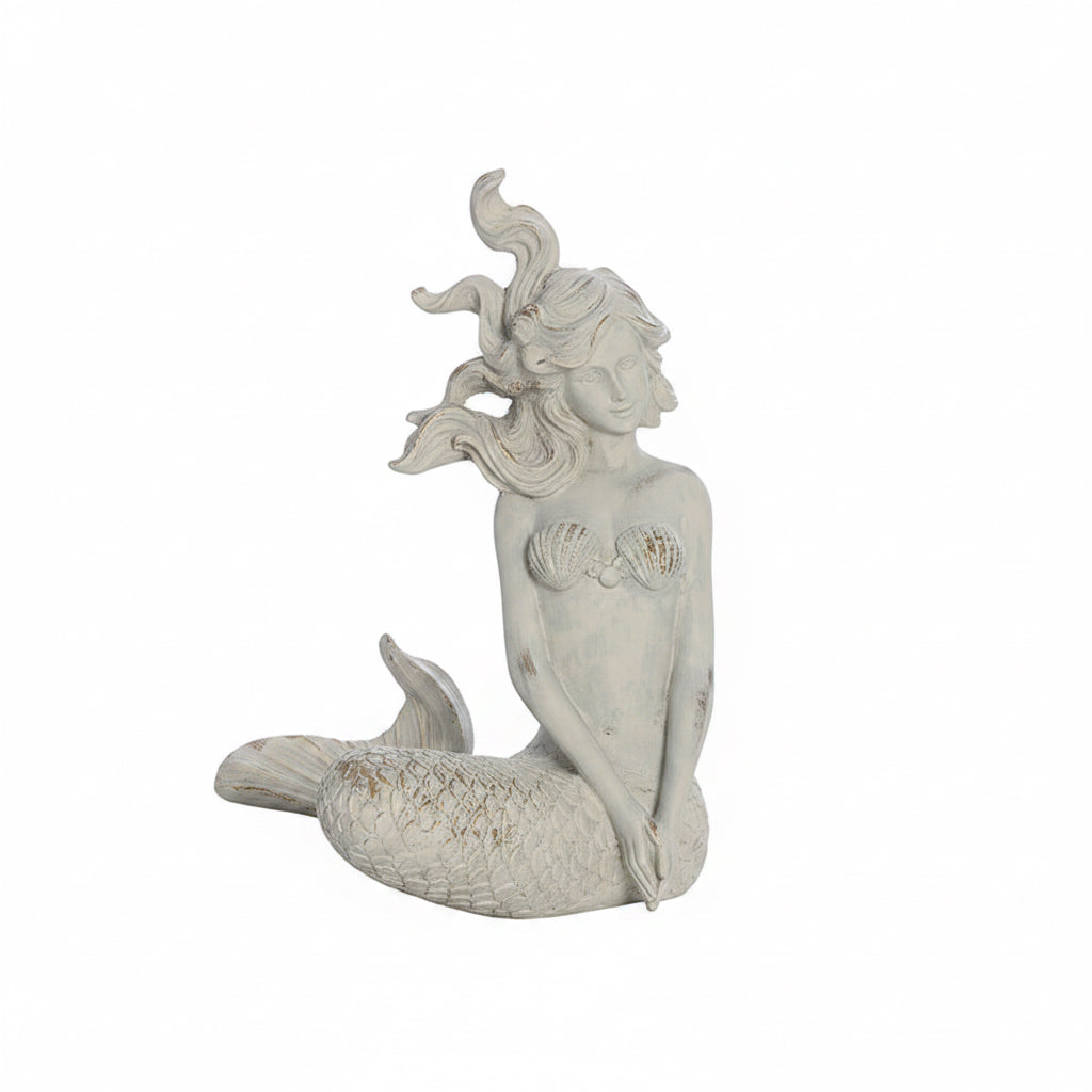 Trident Resin White Washed Mermaid Facing Forward