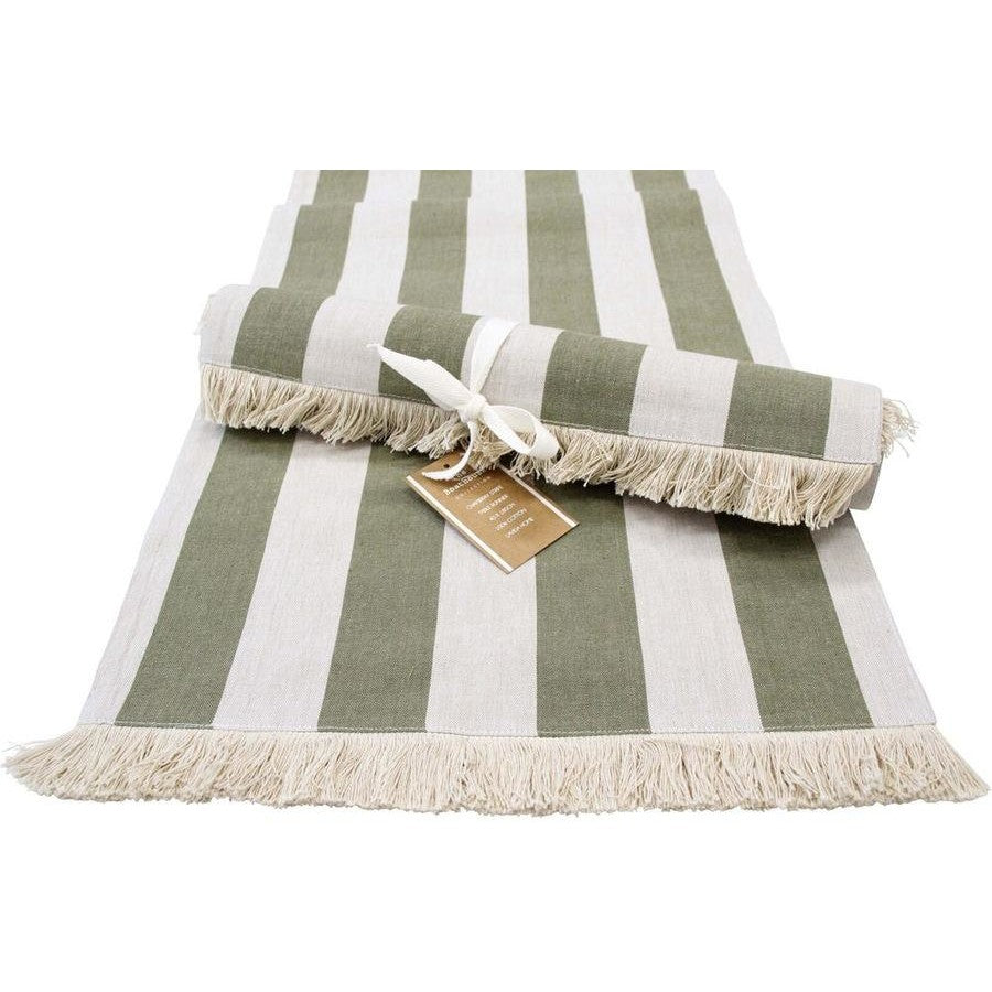 Olive green striped chambray cotton table runner with fringe