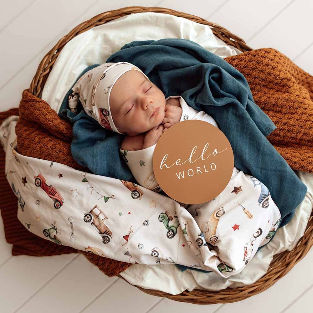 Vintage Cars Organic Jersey Wrap & Beanie Set