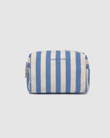 Blue striped canvas makeup pouch with zip closure