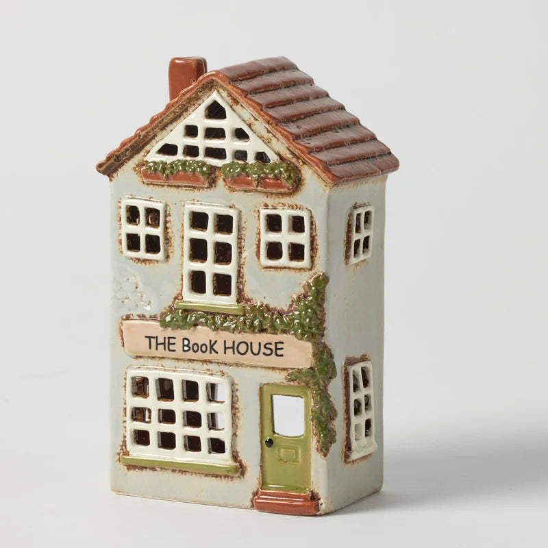 Book House European village style tealight holder with climbing greenery, window boxes and glowing windows