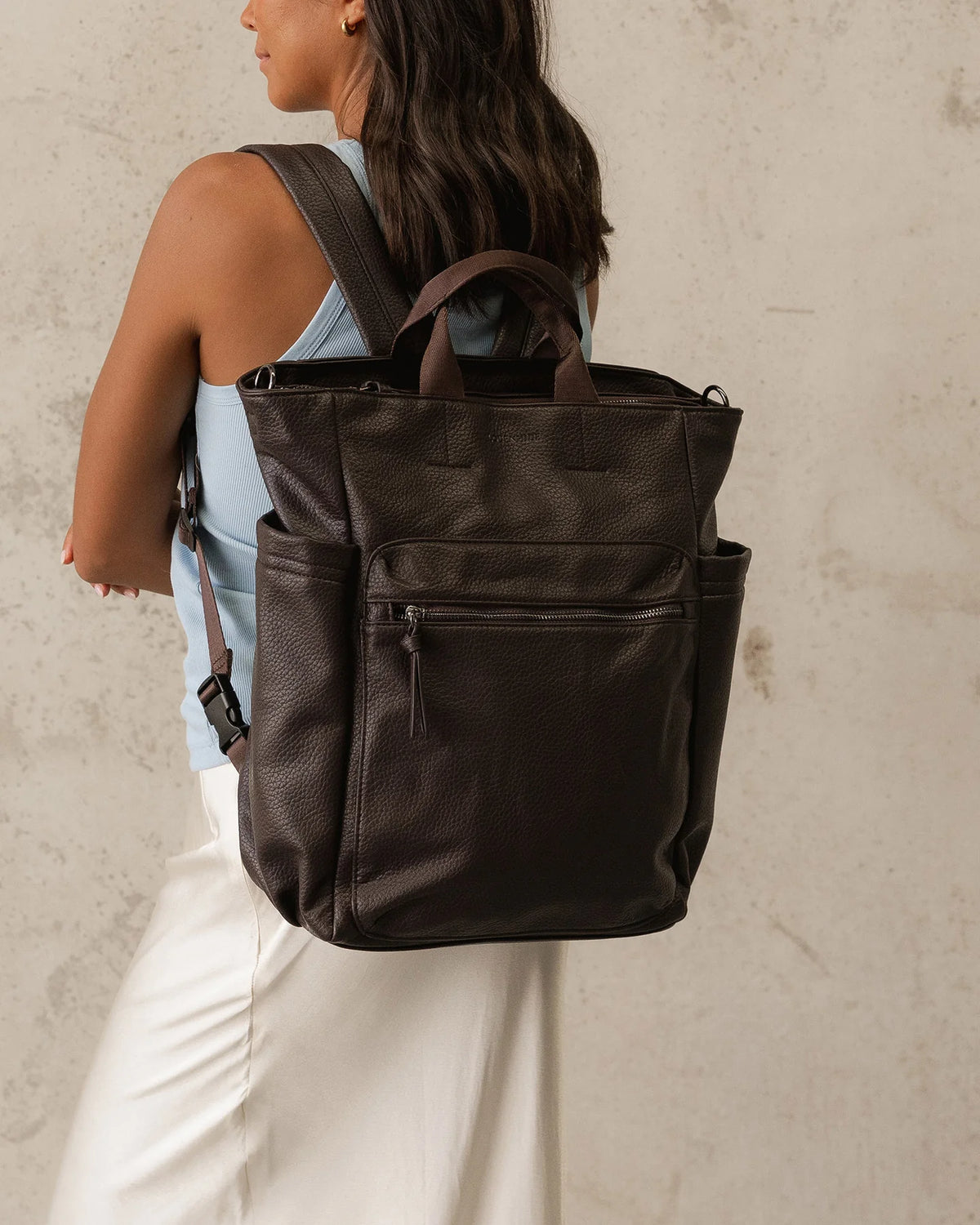 Bronx chocolate backpack vegan leather convertible bag