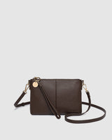 Compact chocolate crossbody bag with adjustable shoulder strap