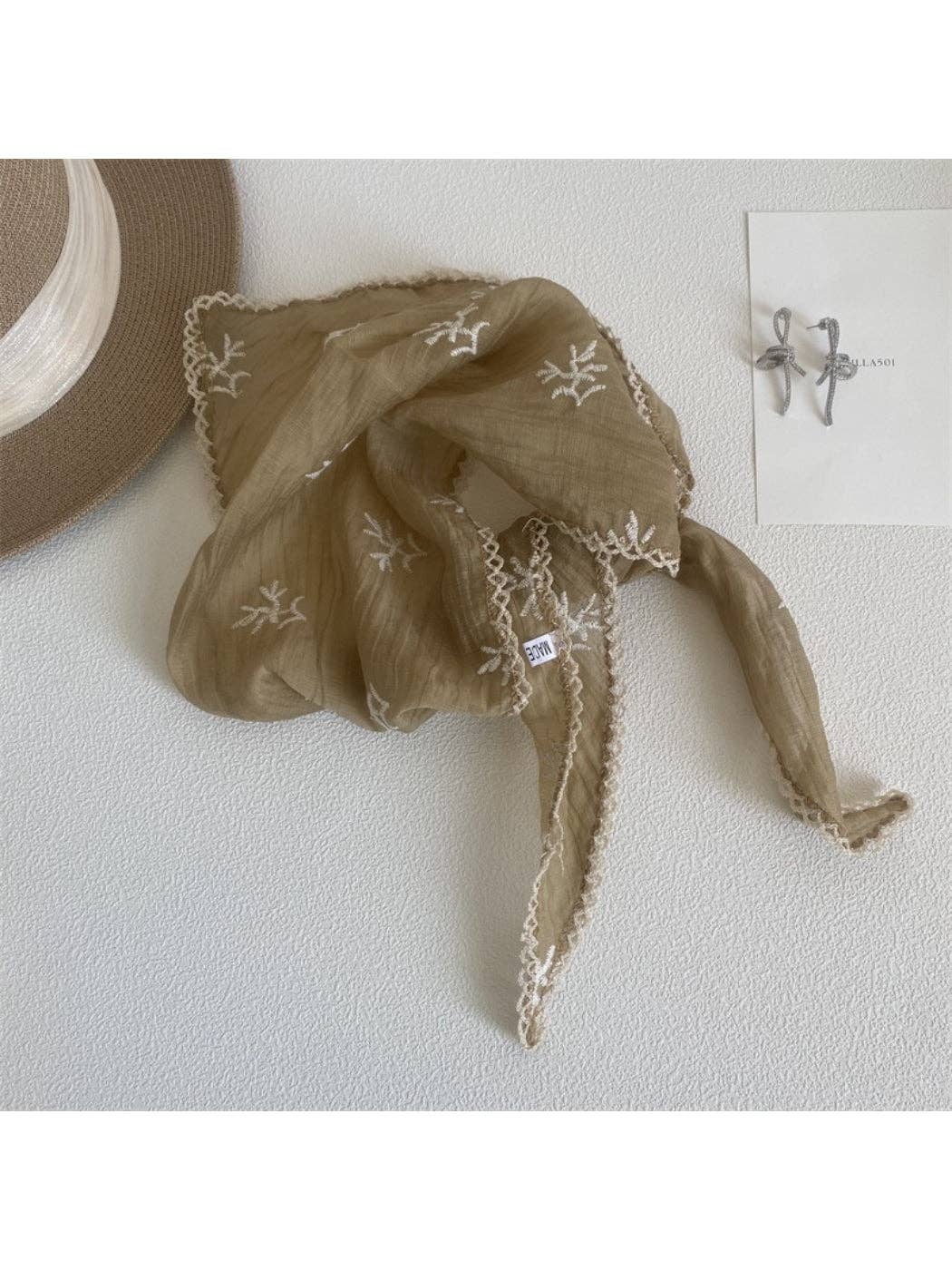 Floral Embroidered Lace Trim Triangle Scarf: Khaki