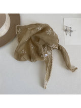 Floral Embroidered Lace Trim Triangle Scarf: Khaki