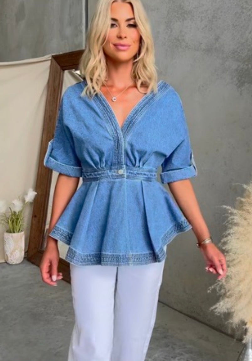 Denim saddle bloom top relaxed fit cotton denim blouse front view